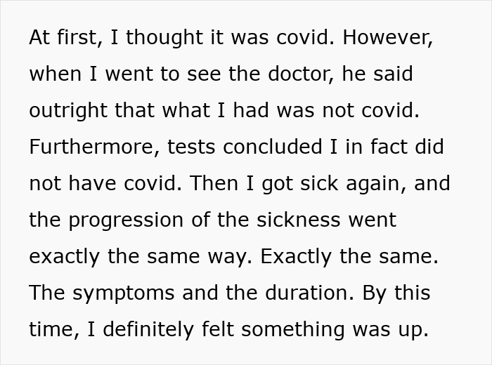 Text excerpt explaining symptoms similar to covid but not covid related, linked to homemade food causing sickness. Text excerpt explaining symptoms similar to covid but not covid related, linked to homemade food causing sickness.