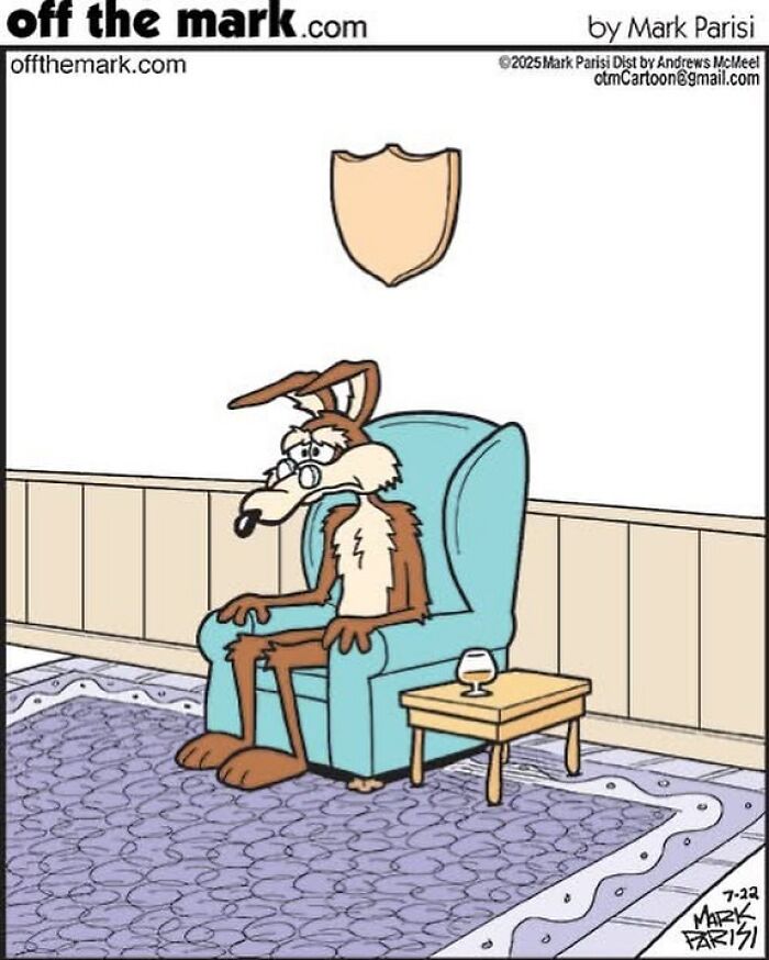 Cartoon of a weary coyote sitting in an armchair with a drink, illustrating humor in everyday life cartoons.