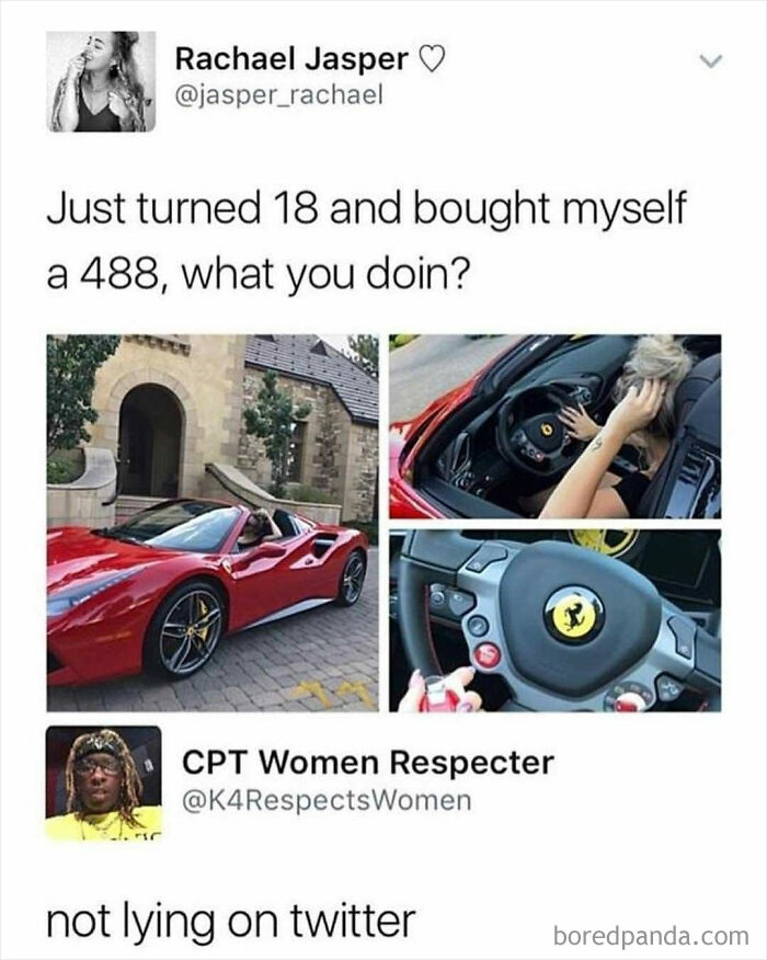 Screenshot of a social media post showing a red Ferrari and a steering wheel, highlighting facepalm moments and lack of basic logic.