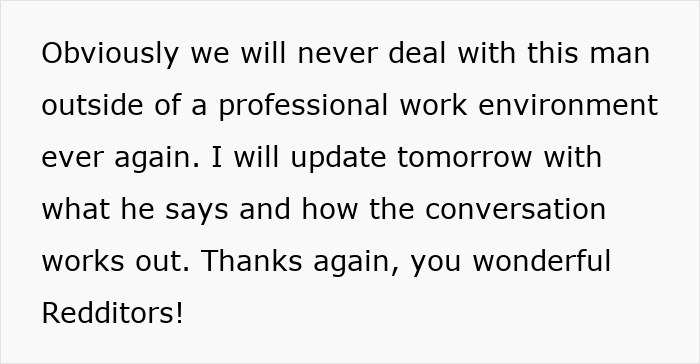 Text discussing coworkers feeling scammed after attending superior&rsquo;s wife&rsquo;s show that was not free as expected.