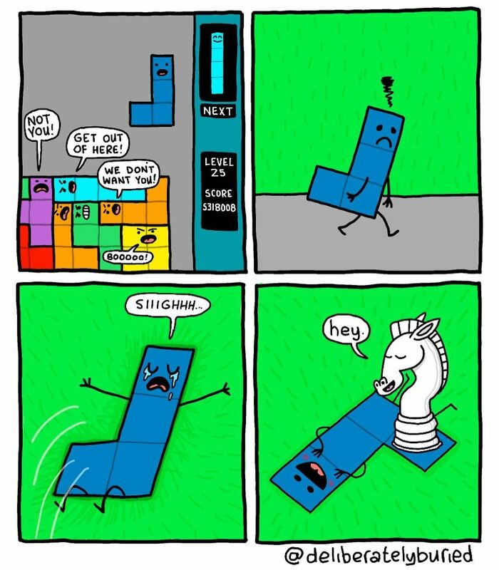 Comic panels showing a blue Tetris piece rejected by others, sad and crying, then embraced by a chess knight in a dark humor comic style.