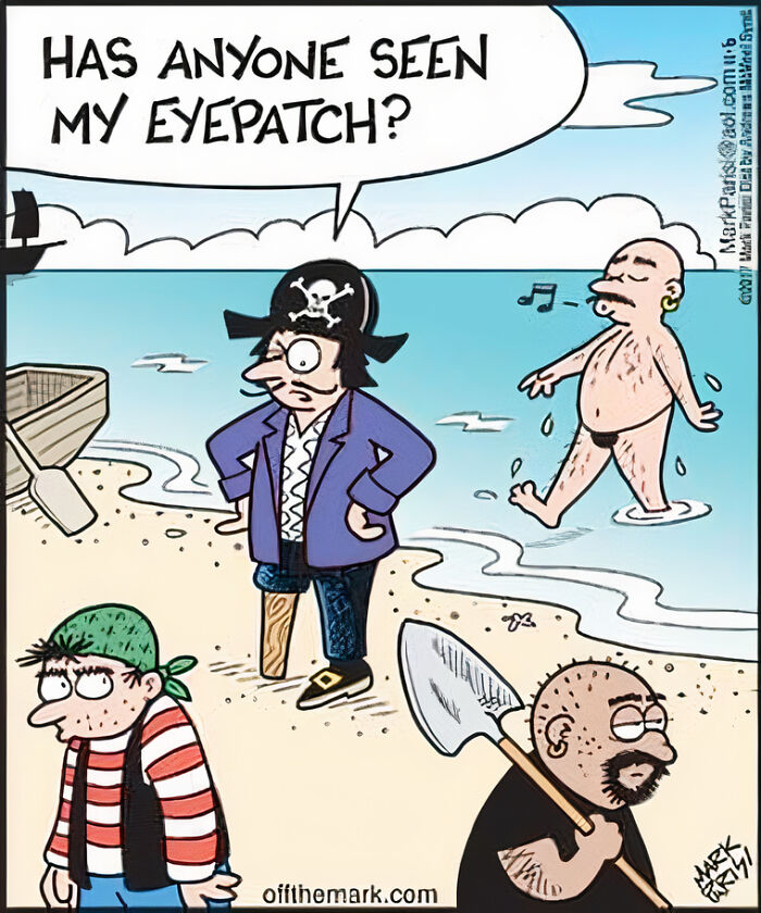 Cartoon pirate on beach asking about missing eyepatch, humorous everyday life scene from Off the Mark cartoons.
