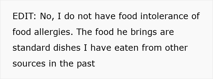 Text post explaining no food intolerance or allergies, mentioning homemade food sent causing girlfriend to get sick. Text post explaining no food intolerance or allergies, mentioning homemade food sent causing girlfriend to get sick.