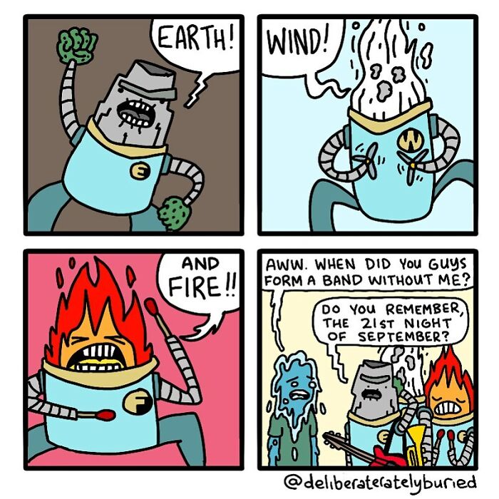 Comic panels showing personified elements Earth, Wind, and Fire forming a band with a dark humor twist.