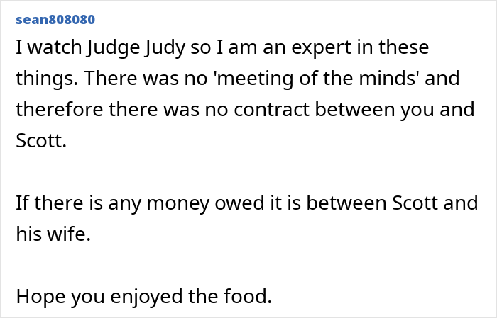 Comment discussing coworker realization of scam involving superior's wife's show and payment dispute.