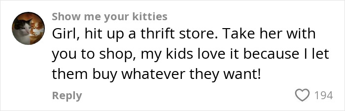 Comment suggesting to shop at thrift stores to support a daughter being bullied for her clothes.