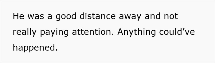 Text on a plain white background reading he was a good distance away and not really paying attention anything could&rsquo;ve happened, tired mom let down useless dad.
