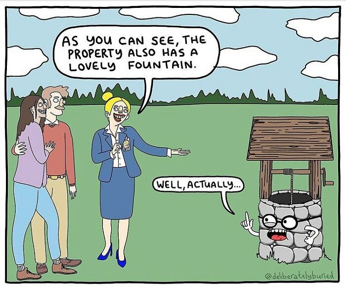 Comic with unexpected ending showing a real estate agent and a talking well in dark humor style.
