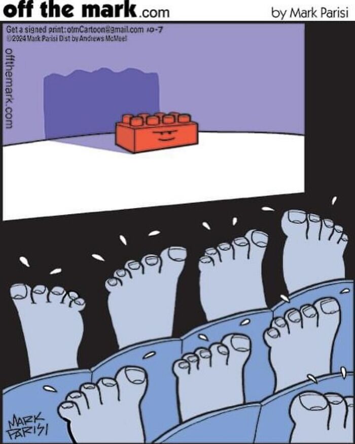 Cartoon of several feet sweating in bed with a threatening red building block nearby, illustrating everyday life humor.