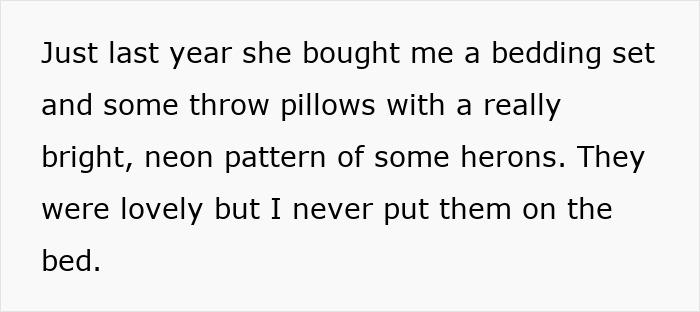 Alt text: A story about mums buying bad birthday presents like a bright neon bedding set and throw pillows with herons.