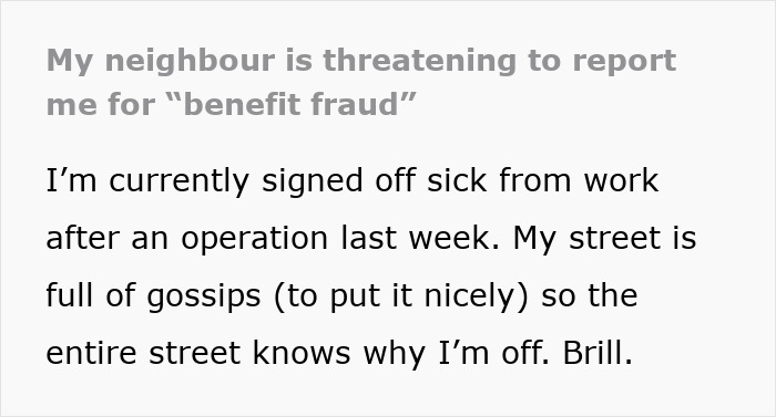 Text excerpt showing a person explaining being threatened with fraud report while on medical leave after a walk.