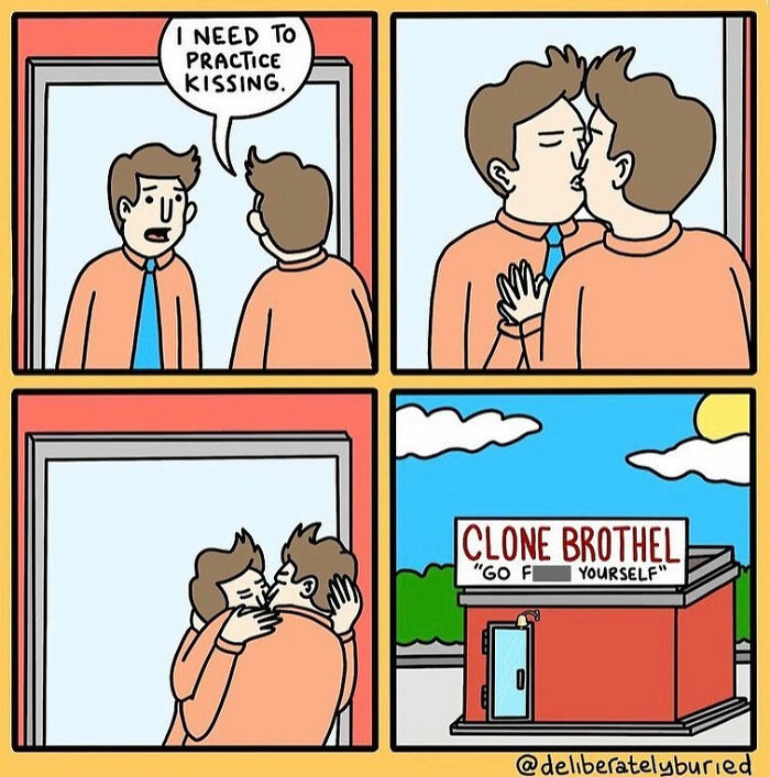 Comic strip showing a man practicing kissing in a mirror with a dark humor ending at a clone brothel.