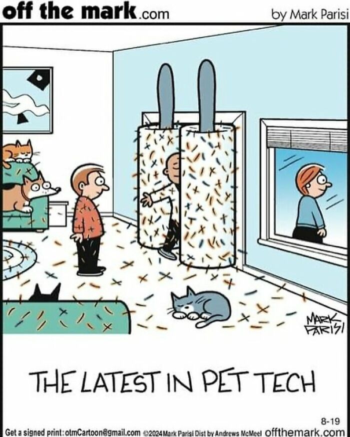 Cartoon showing the latest in pet tech with a person covered in fur rollers, highlighting everyday life hilarity.