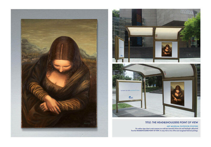 Mona Lisa in ads showing a creative campaign with the iconic painting in outdoor museum posters and bus stop displays