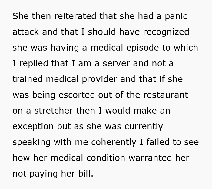 Text excerpt detailing a restaurant server explaining they are not a medical provider during an autistic woman&rsquo;s panic attack.