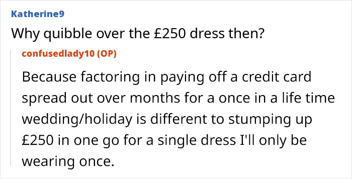 Screenshot of an online discussion where a woman is upset about paying for her own bridesmaid dress cost.
