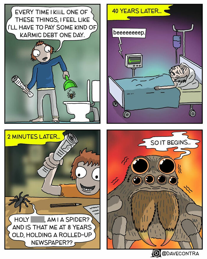Dark and twisted comic panels by Dave Contra featuring a man, spider transformation, and karmic debt theme.