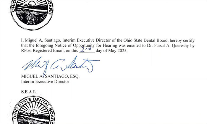 Certification document from Ohio State Dental Board regarding a morbidly obese patient and Instagram-famous dentist tooth removal case.