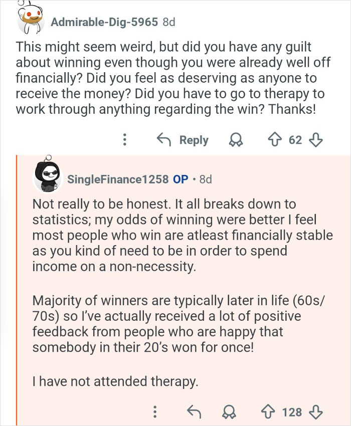 Screenshot of a Reddit conversation discussing the experience of a person who won $7M in the lottery and life changes a year later.