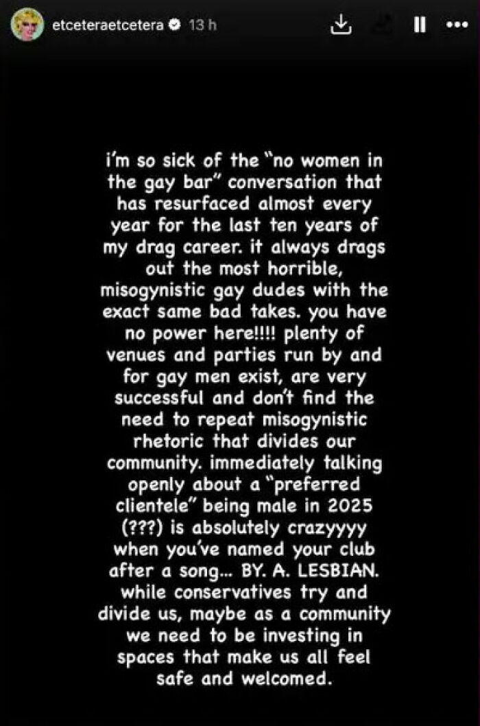 Text post discussing controversy over men-only gay bar accused of blatant misogyny by lesbians after viral post.