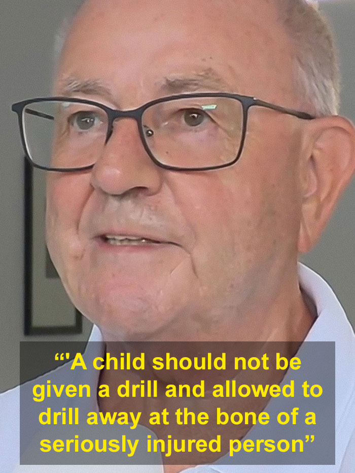 Elderly man wearing glasses speaking about brain surgeon arrest and alleged skull drilling incident involving child.