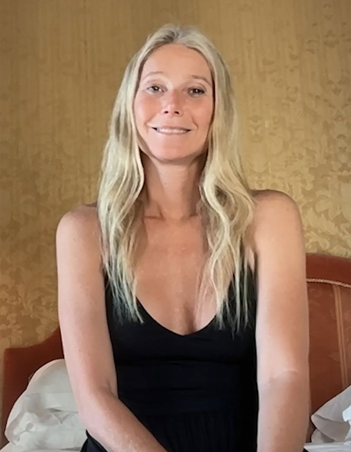 Gwyneth Paltrow smiling in a black dress, with long blonde hair, related to Timoth&eacute;e Chalamet and Kylie Jenner news.