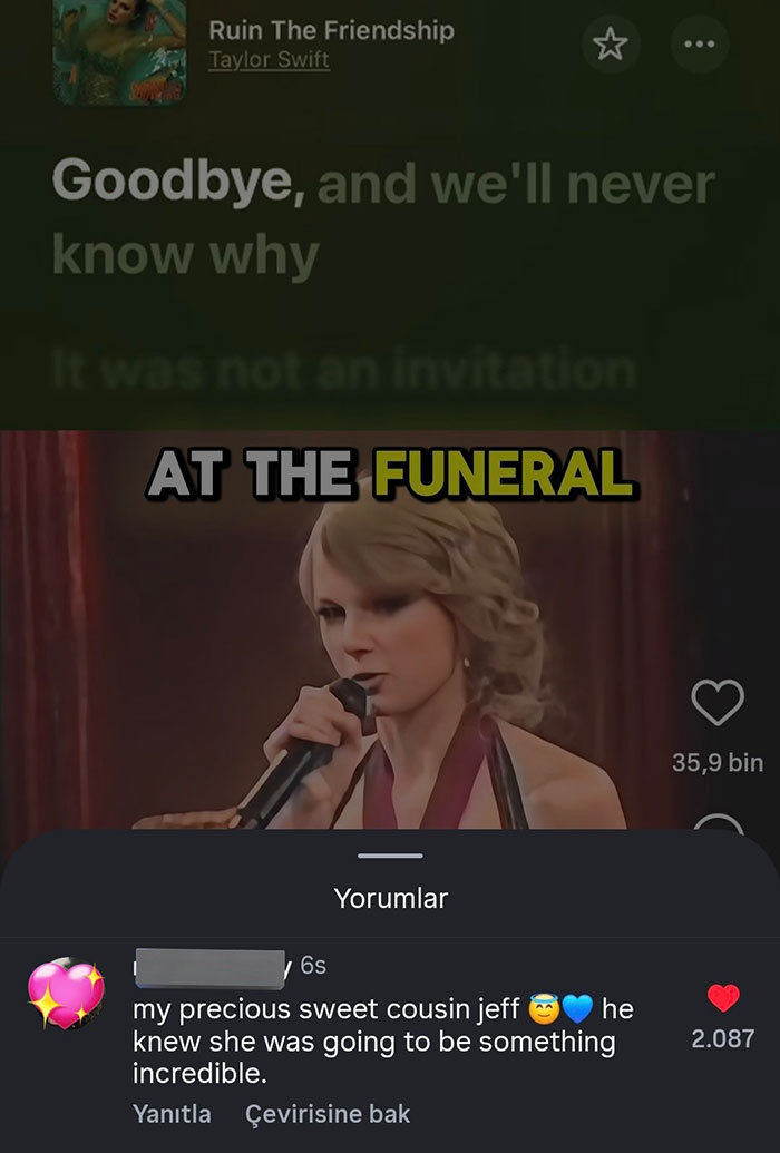 Taylor Swift singing at a funeral with lyrics from Ruin The Friendship, touching on grief and loss.
