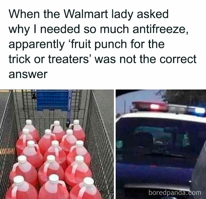 Shopping cart filled with antifreeze containers and a police car, illustrating a funny People of Walmart moment.