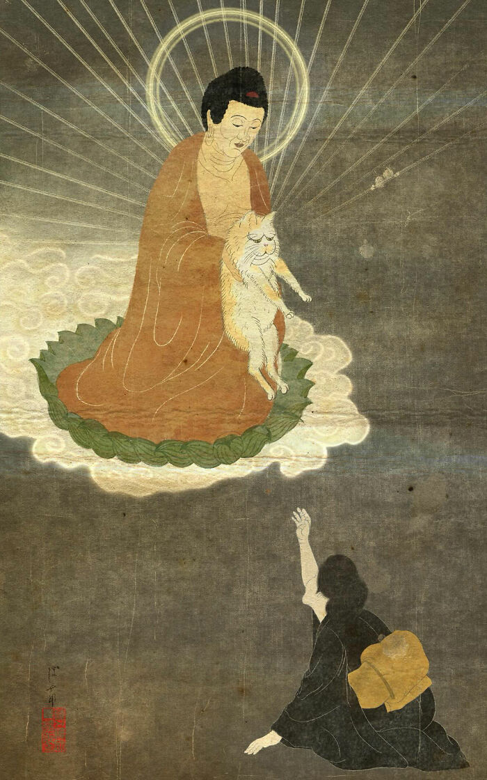 Traditional Japanese painting style depicts a spiritual figure holding a cat above a kneeling person reaching up.