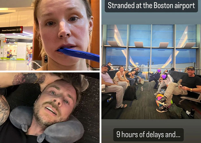 Kristen Bell and Dax Shepard at Boston airport facing delays, highlighting controversies affecting their public image.