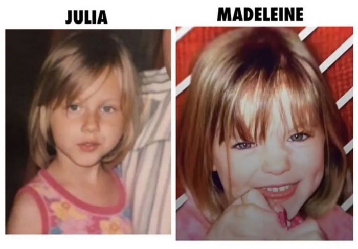Side-by-side photos of a woman who believed she was Madeleine McCann and the real Madeleine as children showing facial similarities.