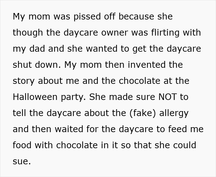 Text excerpt explaining a mother lied about her daughter's food allergies to cause trouble with daycare, involving chocolate.