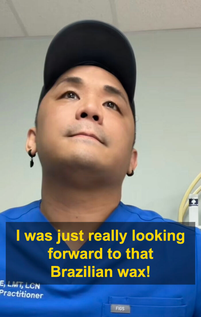 Man in blue uniform reacting during aesthetician's viral interaction about a booking lie and Brazilian wax appointment.