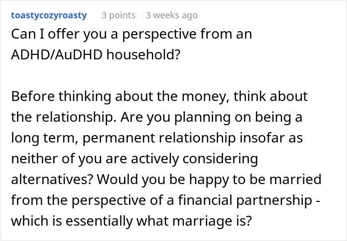 Comment discussing perspective on finances and relationships in an ADHD/AuDHD household regarding bill contributions.