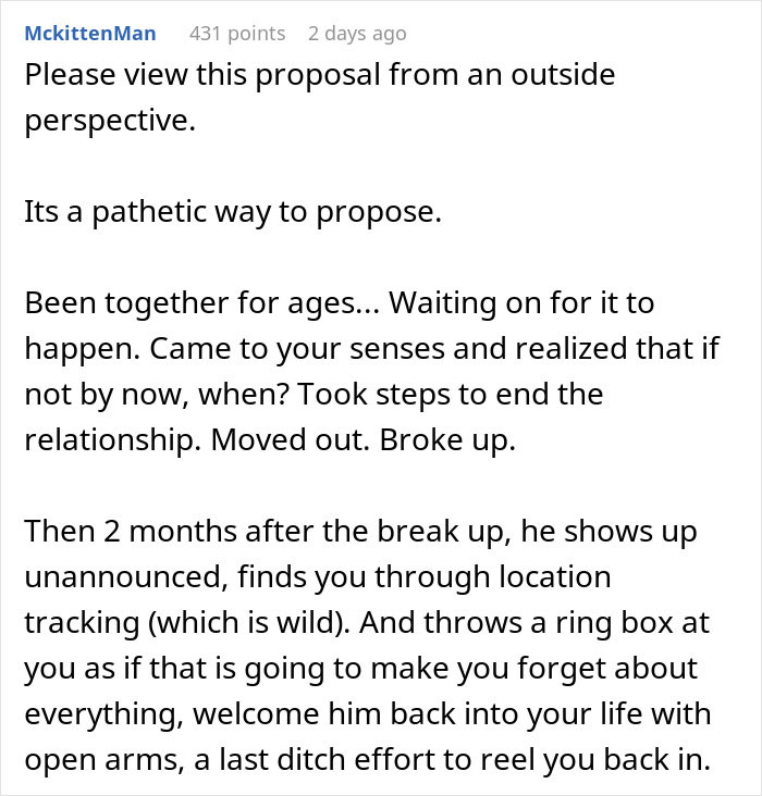 Text post discussing a man who proposes two months after his girlfriend dumped him, revealing his true colors.