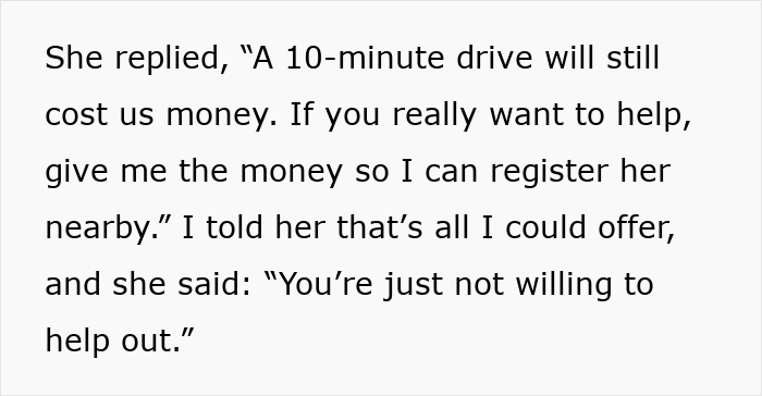 Text excerpt showing a woman upset as friend offers a favor instead of giving cash, highlighting willingness to help.