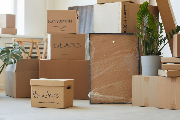 Moving boxes labeled bathroom, glass, and books stacked in a bright room with plants and furniture wrapped for moving.