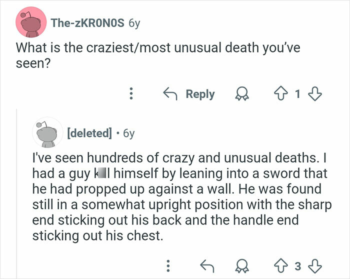 Screenshot of a discussion about unusual and crazy deaths shared by a coroner in an online forum.