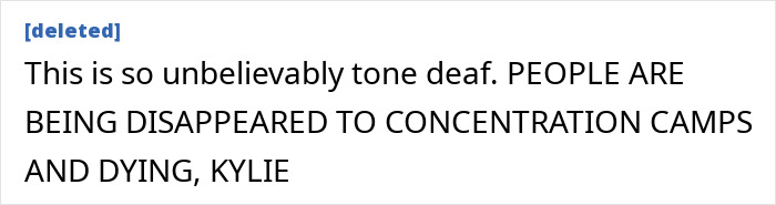 Comment criticizing Kylie Jenner for being tone deaf amid ICE raids and fake arrest video controversy.