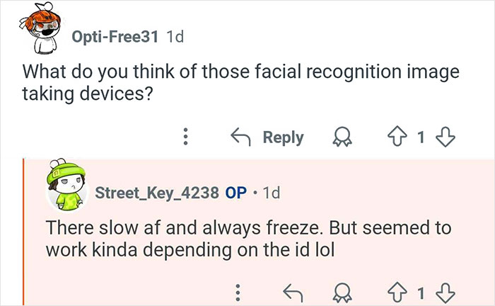 Reddit user discussion about facial recognition image devices from a former TSA worker answering common questions.