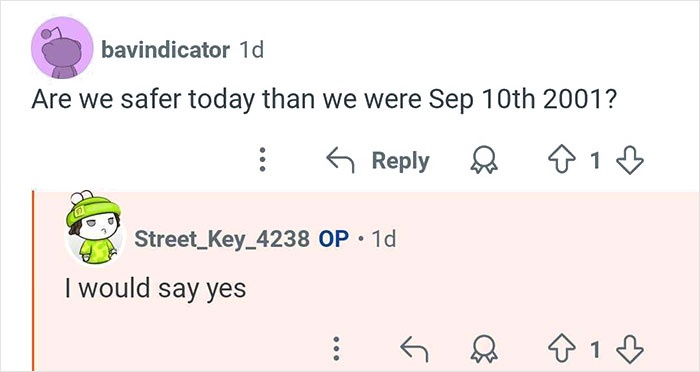 Screenshot of a Reddit conversation where a former TSA worker discusses airport security and safety since 2001.