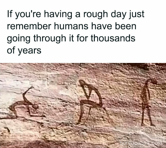 Funny Thunder Dungeon meme showing ancient cave art with a motivational message about humans enduring tough times.