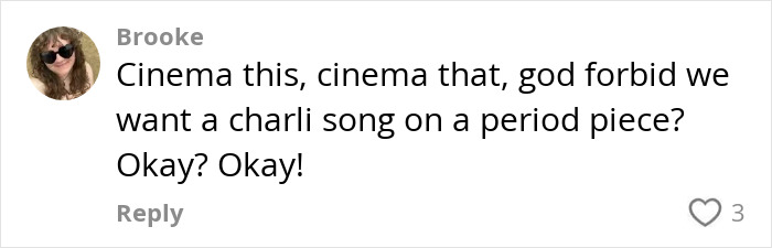 User comment on Margot Robbie&rsquo;s provocative Wuthering Heights trailer expressing frustration over period piece music choice in a social media post.