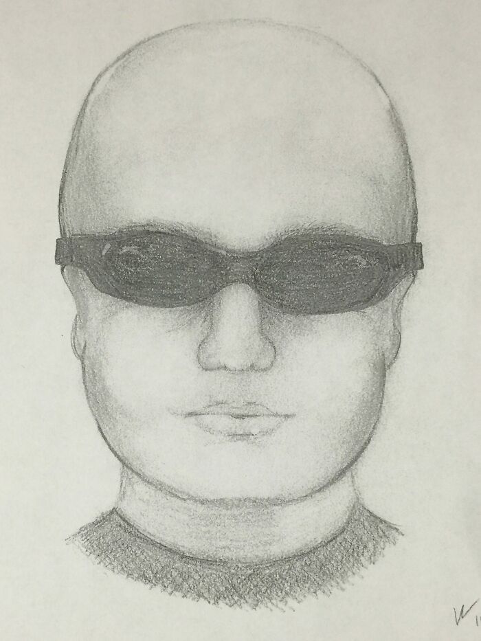 Police sketch featuring a bald man wearing dark sunglasses with a simplistic and rough caricature style.