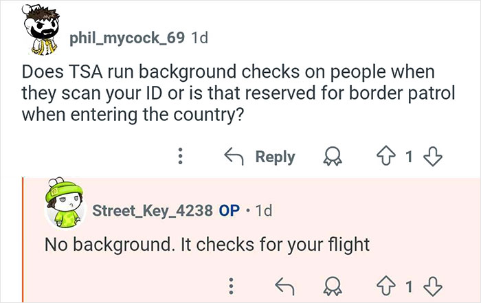 Screenshot of a Reddit Q&A showing a user asking about TSA background checks and a former TSA worker answering.