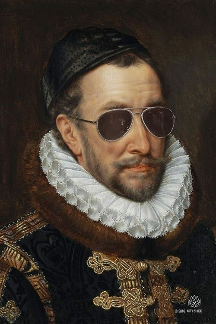 Classical painting of a man in historical attire wearing modern sunglasses for a clever meme caption.