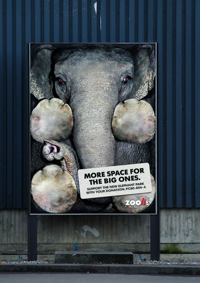 Elephant ad campaign on a billboard promotes more space for elephants in a park, highlighting elephant-themed advertising.