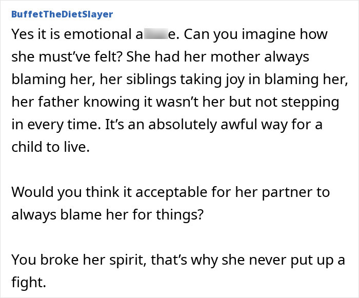 Forum post discussing emotional impact of a mom using her daughter as family scapegoat and the lasting regrets involved.
