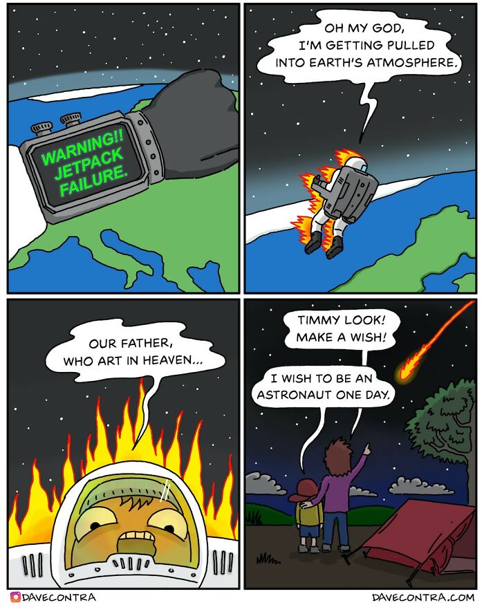 Dark and twisted comic panels by Dave Contra showing a jetpack failure and a burning astronaut in space.