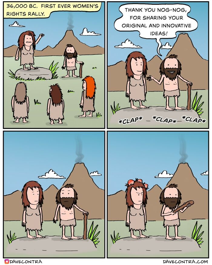 Cave people in a humorous dark and twisted comic scene by Dave Contra featuring a prehistoric rally and unexpected twist.